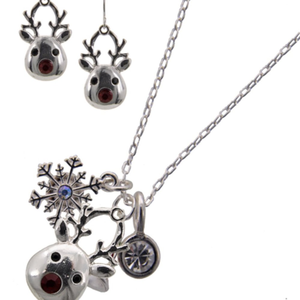 Reindeer Metal Pendant Necklace & Earring Set